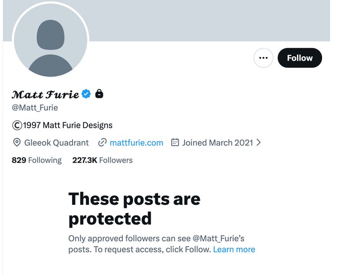 The image shows a protected X (Twitter) profile for Matt Furie (@Matt_Furie) with 227.3K followers, whose posts are only visible to approved followers—which aligns with the post's implication that Furie is controlling access to information while his associated tokens like $HOODRAT and $BOYZ have dropped 90-95% from their peaks.