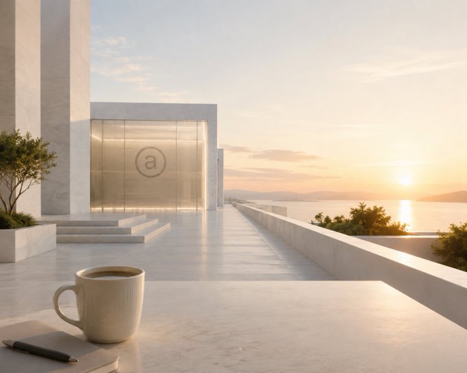A coffee cup and notebook sit on a marble terrace overlooking a serene sunset over the ocean, with a modern white building in the background bearing a circular "a" logo, embodying the post's message of patient conviction and quiet confidence in $AR.