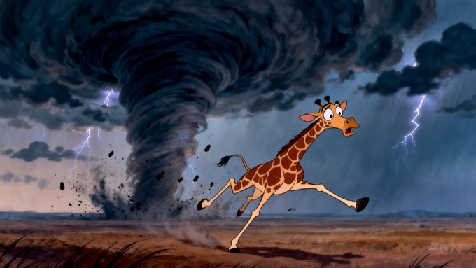 A cartoon giraffe runs frantically away from a massive, dark tornado in a savanna landscape, with lightning striking in the stormy sky.