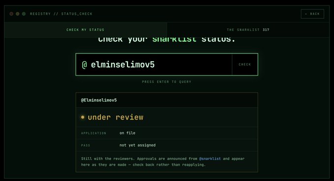 A retro terminal-style interface displays a whitelist status check for "@elminselimov5," showing the application is "under review" with no pass assigned yet. The screen notes that "317" people have been selected so far, aligning with the post's update on the whitelist selection progress.