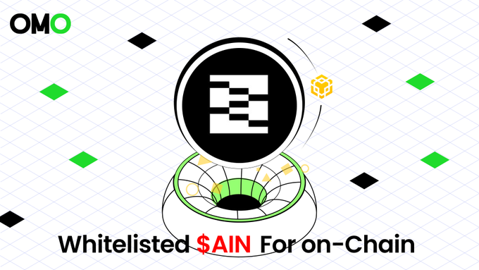A graphic featuring the OMO logo with text 'Whitelisted $AIN For on-Chain' displayed alongside a stylized portal and cube icons on a geometric background.