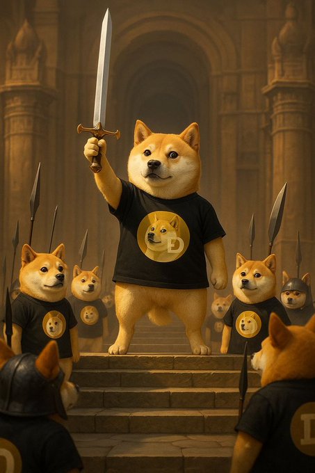 A digital illustration depicting a Shiba Inu dog wearing a Dogecoin t-shirt and holding a sword like a king, surrounded by an army of similar dogs in armor.