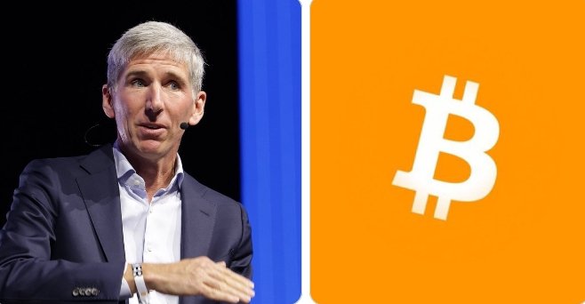 Bitwise CIO Matt Hougan speaks at an event beside a large orange Bitcoin logo, illustrating his bullish forecast that BTC could hit $1.3M by 2035 driven by institutional capital inflows.