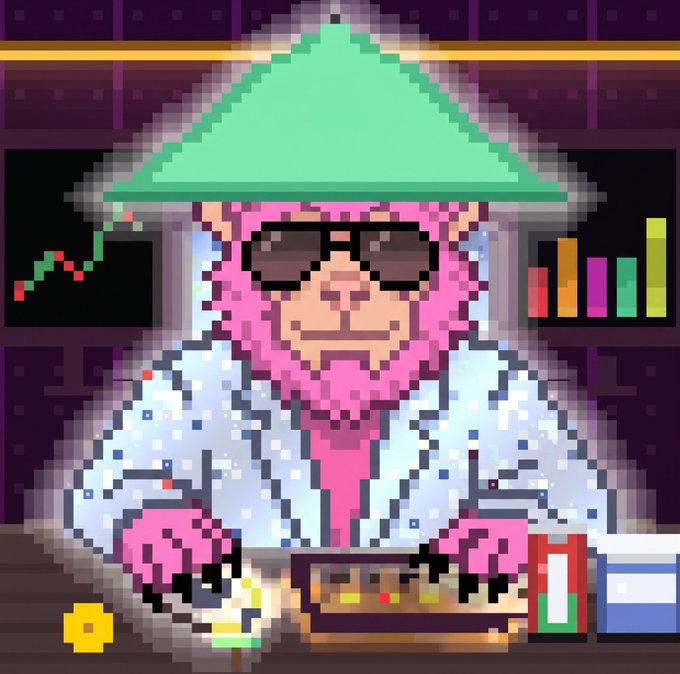 Pixel art illustration of a pink-furred character wearing a green conical hat and dark sunglasses, sitting at a keyboard with charts visible in the background.