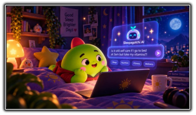 A cute green cartoon character lies on a bed at night, using a laptop that displays a 'Sleepagotchi AI' chatbot asking 'Is it still self care if I go to bed at 3am but take my vitamins?!' with options like Sleep, Nutrition, Fitness, Wellness.
