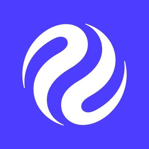 A white stylized logo resembling a swirling 'S' or 'e' shape on a solid purple background.