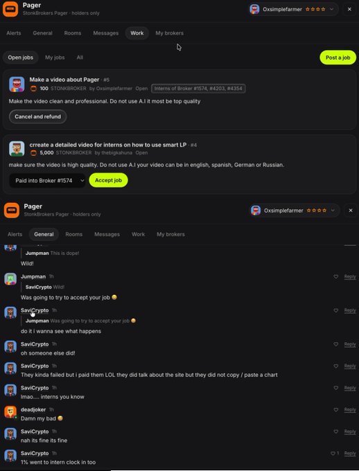Screenshots of a 'Pager' app interface showing job postings from 'Oxsimplefarmer' and a General chat room with multiple users discussing jobs and site issues.