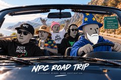 A promotional graphic for 'NPC ROAD TRIP' featuring characters in mascot costumes driving a car in a mountainous landscape.