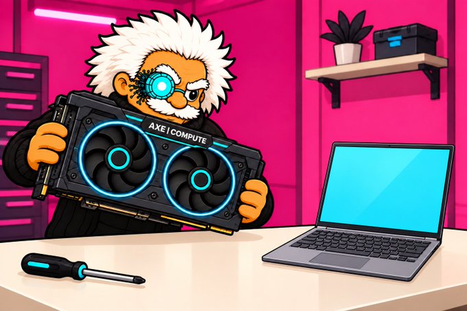 Cartoon illustration of a white-haired bearded character with a cybernetic eye holding an 'AXE COMPUTE' graphics card next to an open laptop on a desk with a screwdriver.
