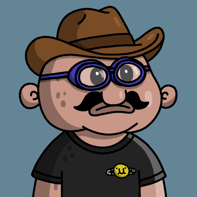 A cartoon illustration of a man with a mustache wearing a brown cowboy hat, blue round glasses, and a black shirt featuring a small smiley face logo.