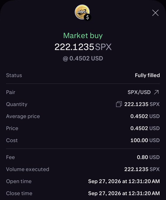 A dark-themed trading app confirmation screen showing a fully filled market buy order for 222.1235 SPX at 0.4502 USD, costing 100.00 USD plus an 0.80 USD fee, executed on Sep 27, 2026.