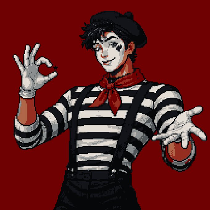 A pixel art illustration of a smiling mime wearing a black beret, striped shirt, and white gloves, making an 'OK' gesture against a dark red background.