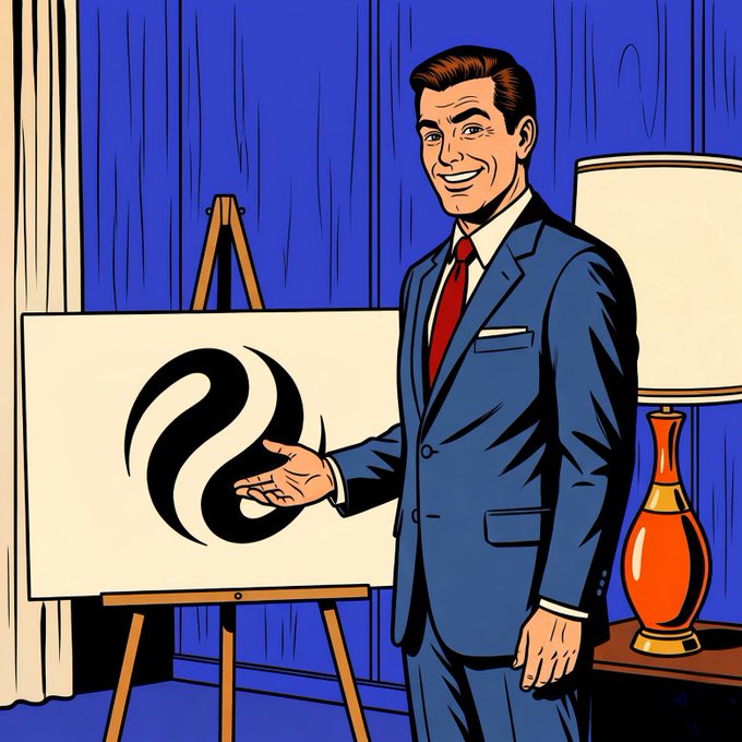 A retro pop-art style illustration of a smiling man in a blue suit presenting a black-and-white yin-yang style logo on a canvas easel.