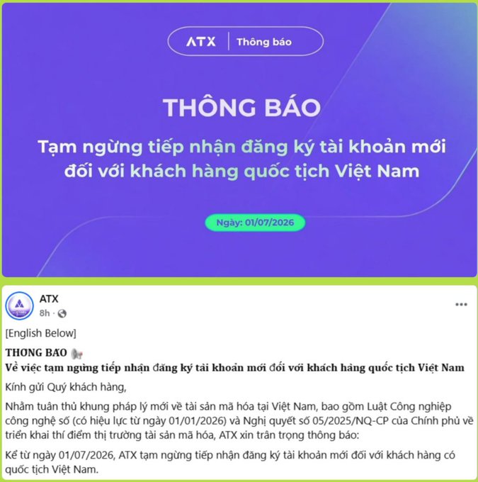 An announcement from crypto exchange ATX stating "THÔNG BÁO: Tạm ngừng tiếp nhận đăng ký tài khoản mới đối với khách hàng quốc tịch Việt Nam" — suspending new account registrations for Vietnamese customers effective July 1, 2026.