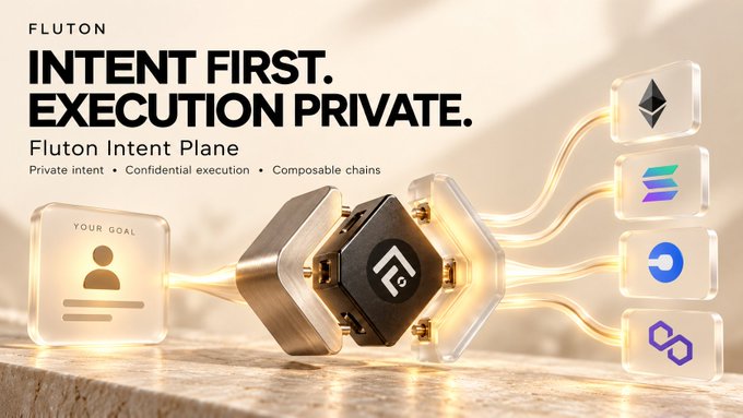 A promotional graphic for 'Fluton Intent Plan' with the tagline 'INTENT FIRST. EXECUTION PRIVATE.', featuring various crypto network logos connected by glowing wires.