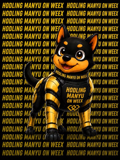 A 3D-rendered Shiba Inu-style dog wearing gold and black armor, set against a background tiled with the phrase 'HODLING MANYU ON WEEX'.