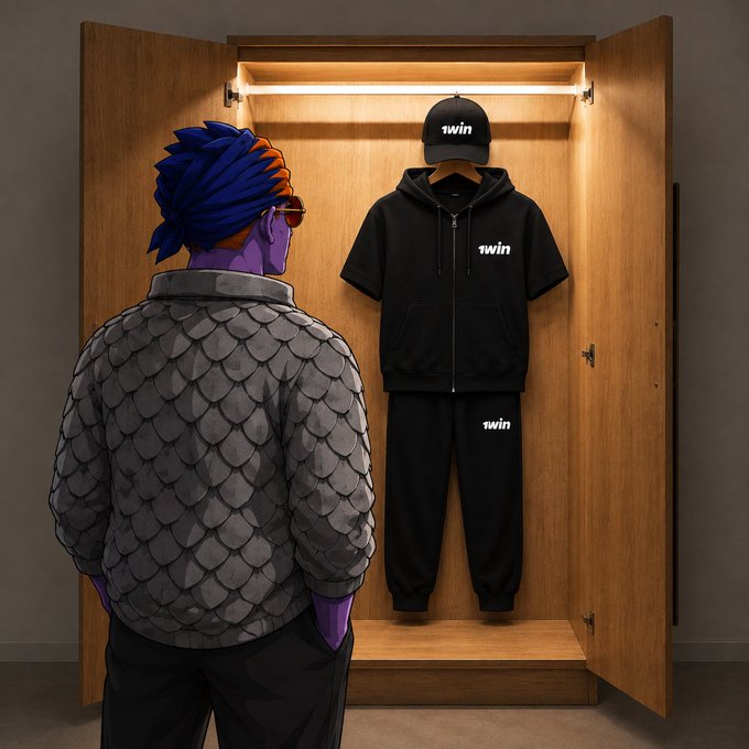 An anime-style illustration of a purple-skinned character with blue hair looking into an open wooden wardrobe containing a black tracksuit (hoodie, pants, and cap) branded with the word '1win'.