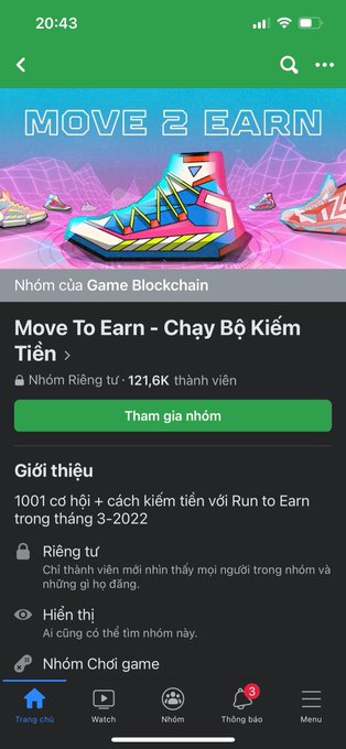 A screenshot of a mobile app in Vietnamese displays a 'Move 2 Earn' group called 'Move To Earn - Chạy Bộ Kiếm Tiền' with 121.6K members and a join button.