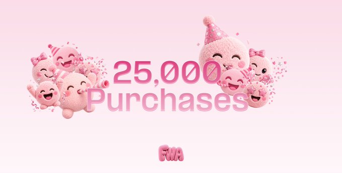 The image celebrates "25,000 Purchases" with cheerful pink characters and the FWA logo, visually representing the success mentioned in the accompanying post. The text and the playful characters on a pink background are directly tied to the post's announcement of significant NFT sales.