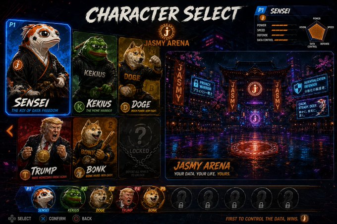 A character select screen for a video game featuring characters like Sensei (a red panda), Kekius (a Pepe-like creature), Doge, Trump, and Bonk in the 'Jasmy Arena'.