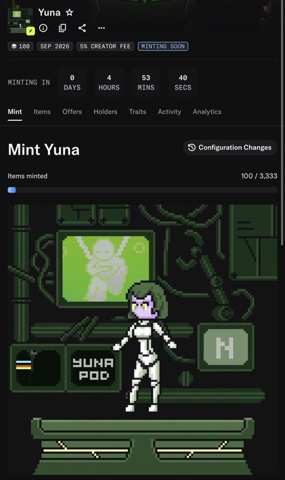 An NFT minting page for 'Yuna' with a countdown timer and a pixel-art character in a green-tinted virtual environment.