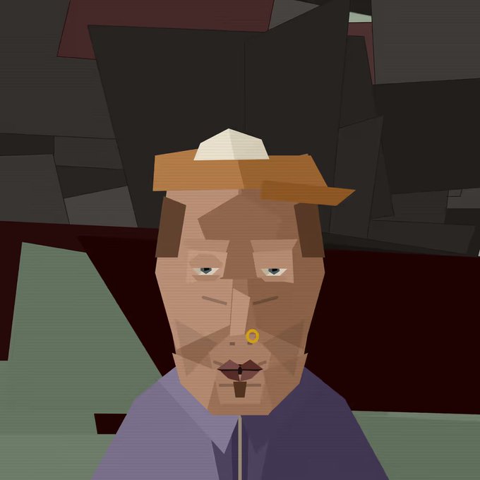 A low-poly 3D rendered portrait of a man with a goatee wearing a hat and purple shirt, in a stylized retro video game aesthetic.