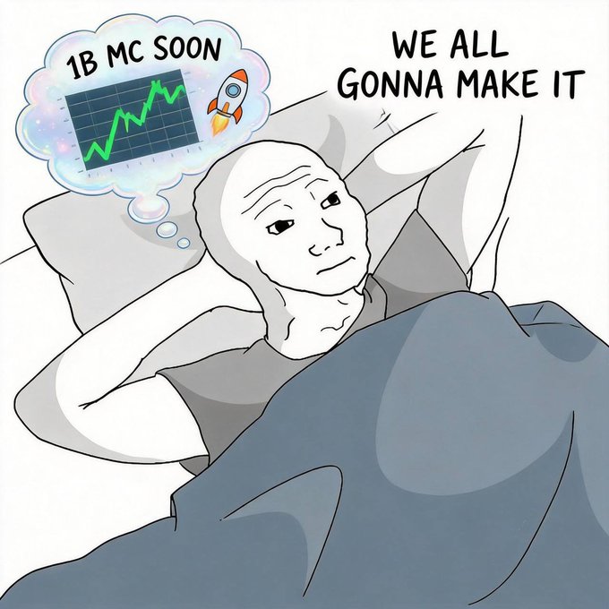 The image features an illustration of a man lying in bed with his arms up, wearing a gray shirt. The man has a thought bubble above him that says "We all gonna make it", which could be interpreted as a motivational quote or a personal message from someone else. The image also includes text about the token "Wojak onETH is worth taking a closer look at." and an overlay of a meme, possibly referencing the Bitcoin coin "eth".