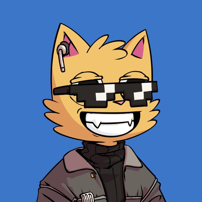 A cartoon illustration of an orange cat-like character with a wide fanged smile, wearing pixelated black sunglasses and a dark jacket against a blue background.
