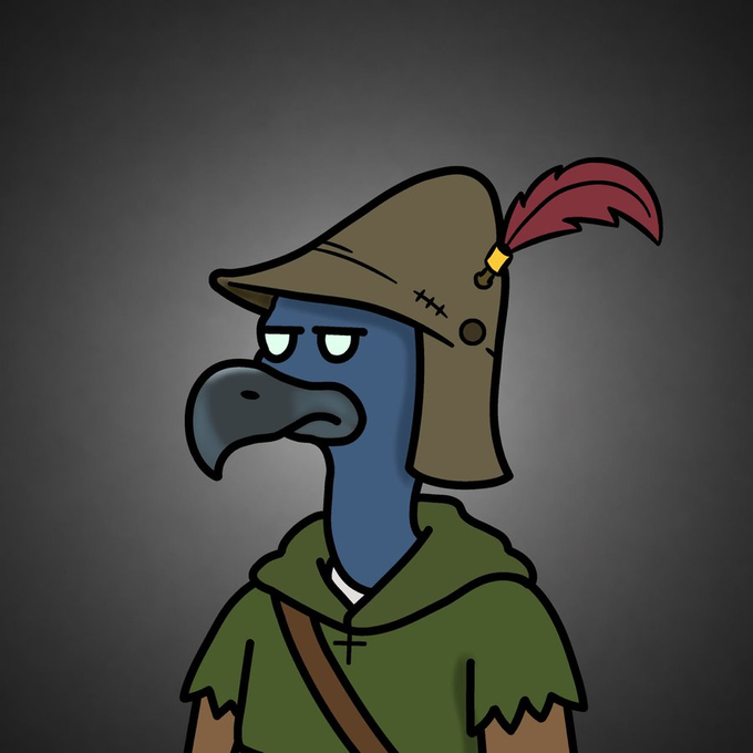 A cartoon dodo bird character wearing a feathered medieval-style hat and green hooded robe appears weary-eyed, fitting the "Nutsy NFT" giveaway post promoting a 1,234 supply mint on the Robinhood chain with prizes for followers.