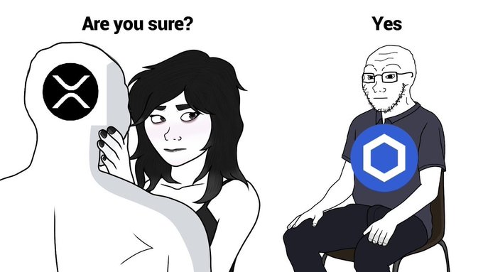 A woman labeled with the XRP logo looks concerned, asking "Are you sure?" at a bearded man wearing glasses and a Chainlink (LINK) logo on his shirt, who simply replies "Yes," illustrating the post's message that despite other options like Chainlink, XRP is the ultimate crypto standard.