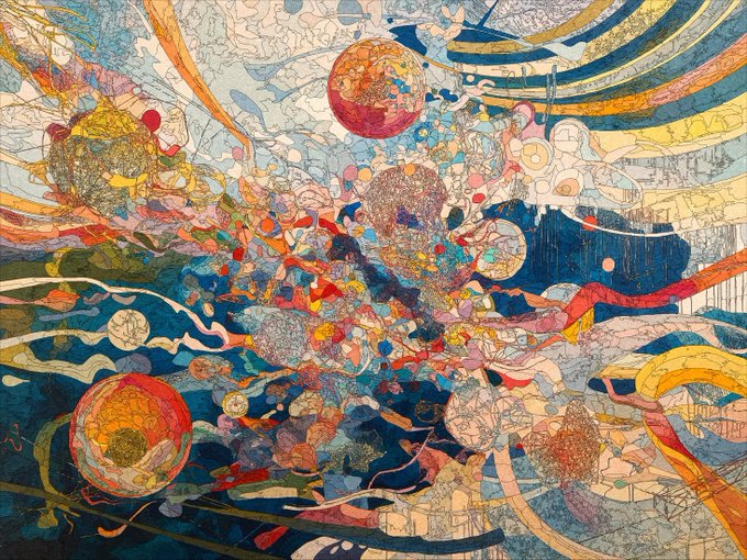 A complex, colorful abstract painting filled with flowing lines, circular shapes resembling planets, and intricate, overlapping patterns in various hues.