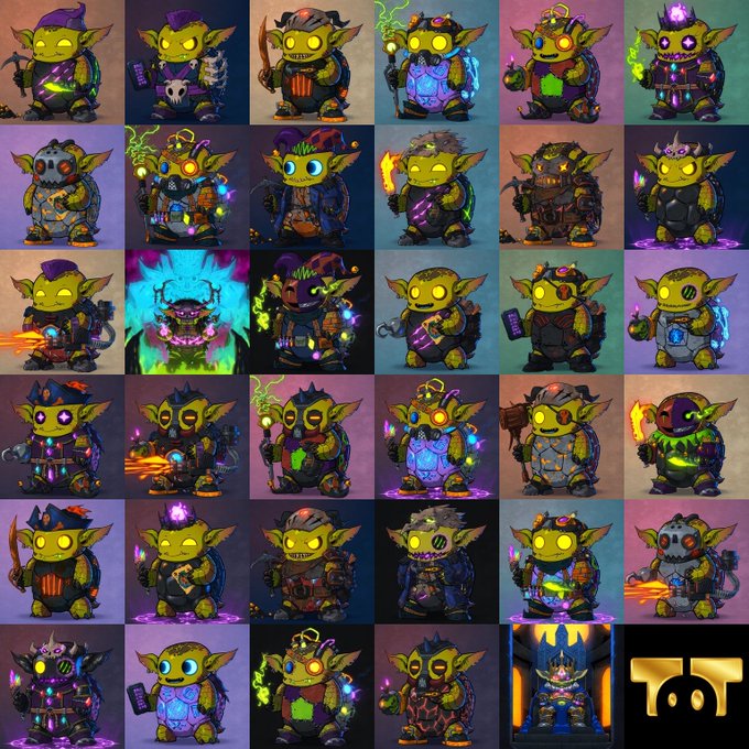 A grid displays thirty-six variations of a green-skinned goblin-like character equipped with various glowing cybernetic accessories and weapons.
