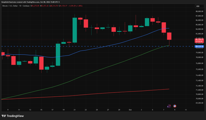 A TradingView chart displays a Bitcoin (BTC/USD) daily candlestick chart dated October 8, 2026, showing prices around $81,275 with moving average indicators.