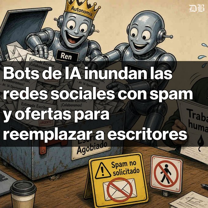 A satirical illustration of two smiling robots pulling papers from a chest labeled "Agobiado," overlaid with Spanish text: "Bots de IA inundan las redes sociales con spam y ofertas para reemplazar a escritores."