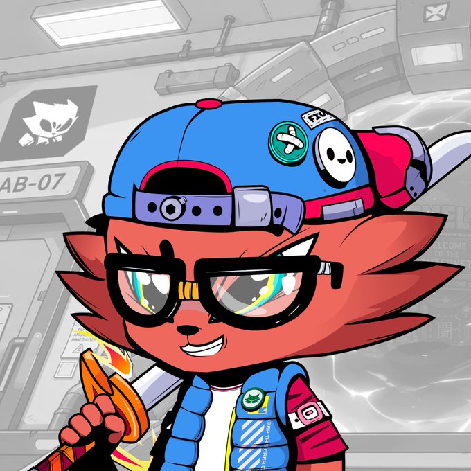 A cartoon avatar of a red fox-like character wearing a blue cap with patches (including a panda face and an FZU logo), glasses with rainbow reflections, and a tactical vest labeled 'YEAH TON', holding a baguette in a sci-fi interior marked 'LAB-07'.