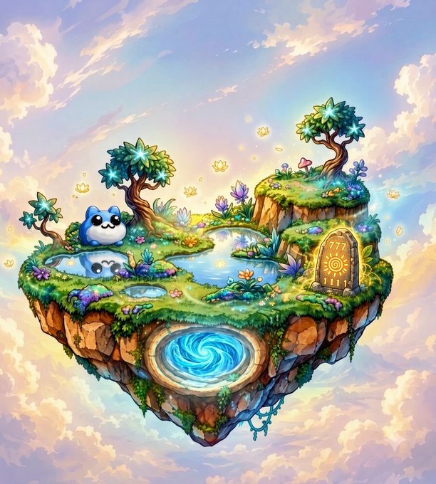 A whimsical fantasy digital artwork of a floating island featuring trees, a small pond, mushroom creatures, a door, and a swirling vortex portal on its underside.
