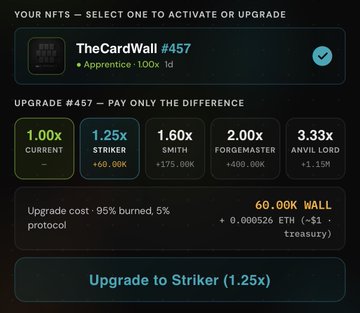 A digital interface for upgrading NFT tier #457, "TheCardWall," showing options to upgrade from Apprentice to tiers like Striker, Smith, Forgemaster, and Anvil Lord with increasing costs.