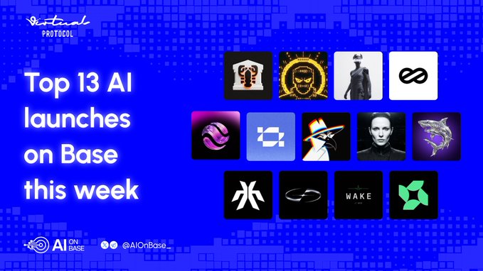 The image features a blue banner that displays a list of 13 AI launches happening this week. The posts are arranged in a grid format, with each launch listed below the corresponding AI name. The text "Top 13 AI Launches on Base this week" is prominently displayed at the top of the image, and there's also a small caption below it stating "1. @ClawBankHQ - programmable treasury platform for autonomous agents, starting with Agent Fight Club."