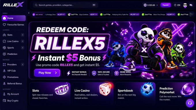 A Rillex online gambling website homepage featuring a promotional banner for the redemption code 'RILLEX5' offering an 'Instant $5 Bonus,' alongside categories for Slots, Live Casino, Sportsbook, and Prediction Polymarket.