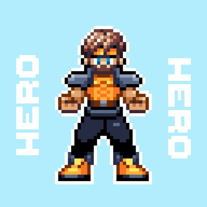 Pixel art of a bearded character with crossed arms wearing blue and orange clothing, flanked by the text 'HEAO' on both sides against a light blue background.