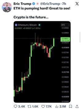 A tweet from Eric Trump (@EricTrump) reads "ETH is pumping hard! Great to see! Crypto is the future..." alongside a candlestick chart of Ethereum/Bitcoin (ETH/BTC) showing a ~1.32% gain at a price of 0.02837, visually representing the bullish crypto sentiment he mentions.
