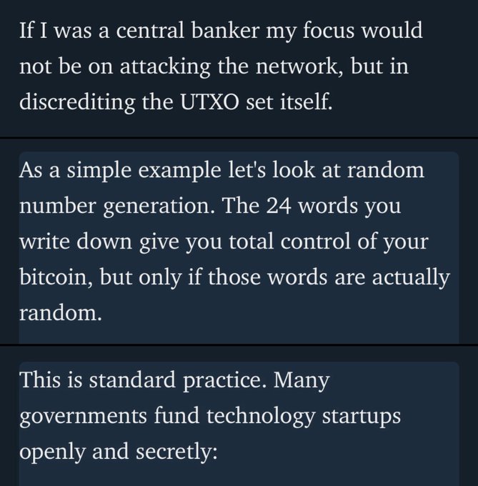 A screenshot of a text message conversation discussing Bitcoin security, specifically addressing how a central banker would focus on discrediting the UTXO set rather than attacking the network directly, and warning about the importance of true randomness in seed phrase generation. The accompanying post references this as a 2021 blueprint that predicted events similar to the Coldcard incident involving potential government-funded manipulation of cryptocurrency hardware security.