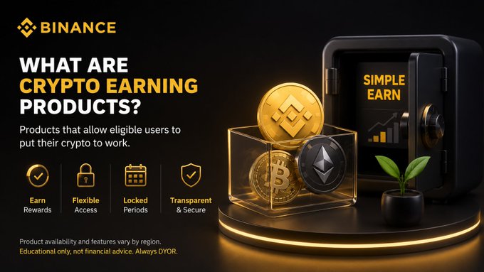 This Binance promotional graphic explains "What Are Crypto Earning Products?" — services that let eligible users put their crypto to work, featuring highlights of Earn Rewards, Flexible Access, Locked Periods, and Transparent & Secure options, alongside visual imagery of a safe, gold coins (Binance's BNB token), and Bitcoin and Ethereum tokens on display.
