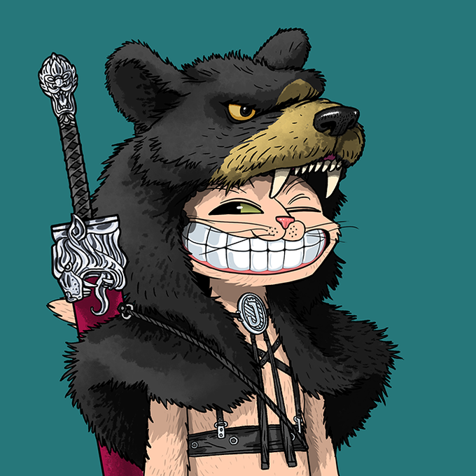 A cartoon character wearing a snarling black bear headpiece with bared fangs, grinning mischievously, and carrying a sword in a red sheath on its back, rendered in a bold anime illustration style against a teal background.