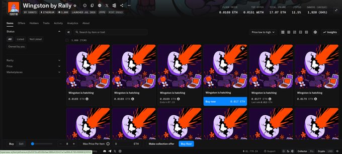 A screenshot of the OpenSea NFT marketplace page for the collection "Wingston by Rally," showing multiple listings of identical bird characters with prices in ETH (around 0.0169 ETH) and floor/market stats at the top.