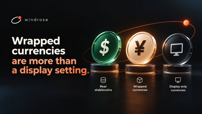 A promotional graphic for 'windrose' featuring the tagline 'Wrapped currencies are more than a display setting,' showing three tokens representing real stablecoins, wrapped currencies, and display-only currencies.