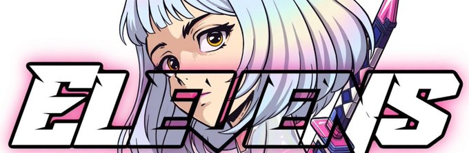 The image features a cartoon girl with white hair, wearing a pink dress, standing next to a banner that reads "ELLEVS". The girl's face is prominently displayed above the text, giving the impression of her looking at the viewer. The background of the image appears to be a light gray color, and there are some pink lights in the top left corner of the image. The caption below the image states "ELEVENS Fun NFTs on Solana".