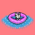 A pixel art scene showing a small white character sitting in a pink inflatable pool ring on a blue water surface against a pink background.