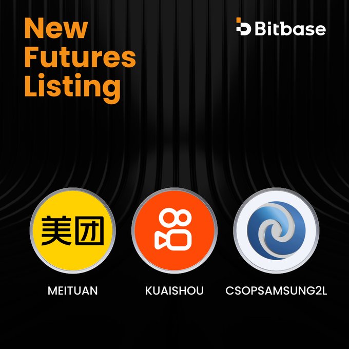 Bitbase announces new futures listings for MEITUAN, KUAISHOU, and CSOPSAMSUNG2L, with trading scheduled to begin at 08:00 am UTC on August 12, 2026, as shown in the promotional graphic featuring each company's logo.