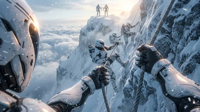 Stormtroopers in white armor scale a frosty cliffside at sunrise, gripping ropes as teammates ascend ahead toward figures standing at the summit. The image evokes the post's call for a fresh mission and new goals, symbolizing the SolPlex players of Xertra climbing together toward a shared objective.